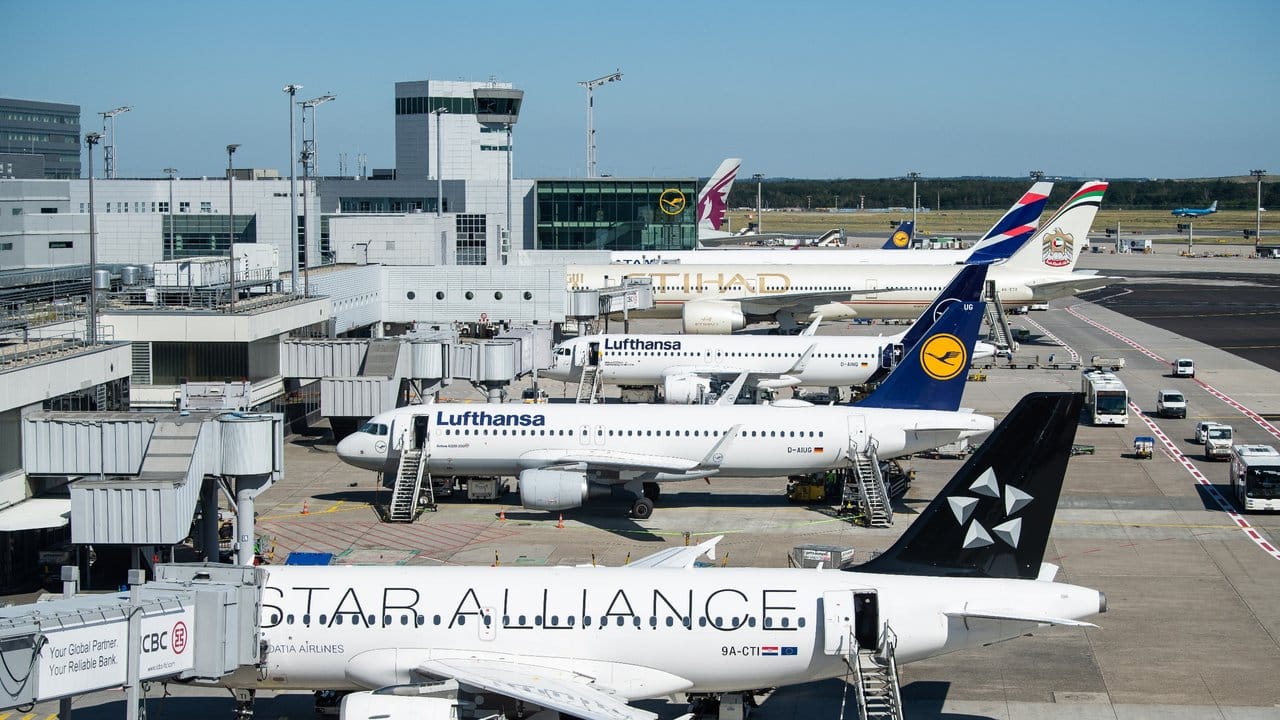 Flugzeuge auf dem Vorfeld des Flughafen Frankfurt: Die Grünen wollen Inlandsflüge bis 2035 weitgehend überflüssig machen.