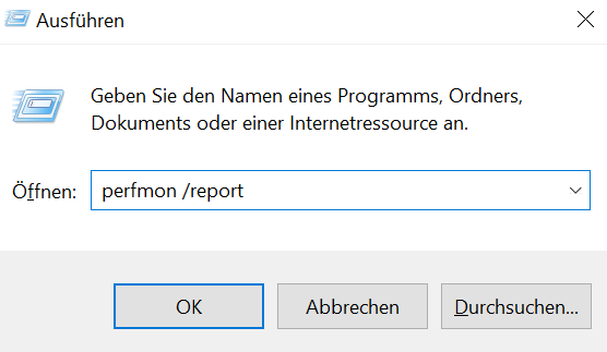 Zuerst sollten Sie per Schnell-Check prüfen, ob Ihr System größere Probleme mit sich herumträgt. Dafür gehen Sie zunächst in die Eingabeaufforderung. Diesen erreichen Sie mit dem Kürzel "Windows-Taste" + "R" oder, indem Sie in der Sucheingabe nach der App "Ausführen" suchen. Hat sie sich geöffnet, geben Sie den Befehl "perfmon /report" darin ein.