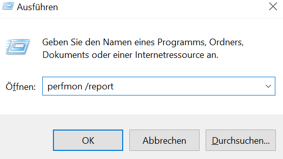 Zuerst sollten Sie per Schnell-Check prüfen, ob Ihr System größere Probleme mit sich herumträgt. Dafür gehen Sie zunächst in die Eingabeaufforderung. Diesen erreichen Sie mit dem Kürzel "Windows-Taste" + "R" oder, indem Sie in der Sucheingabe nach der App "Ausführen" suchen. Hat sie sich geöffnet, geben Sie den Befehl "perfmon /report" darin ein.