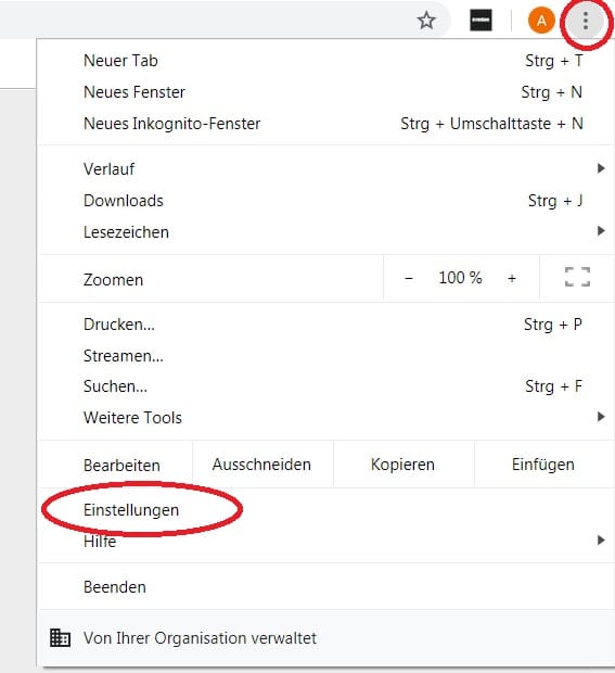 In Chrome klicken Sie auf die drei Punkte rechts oben und dann auf "Einstellungen".