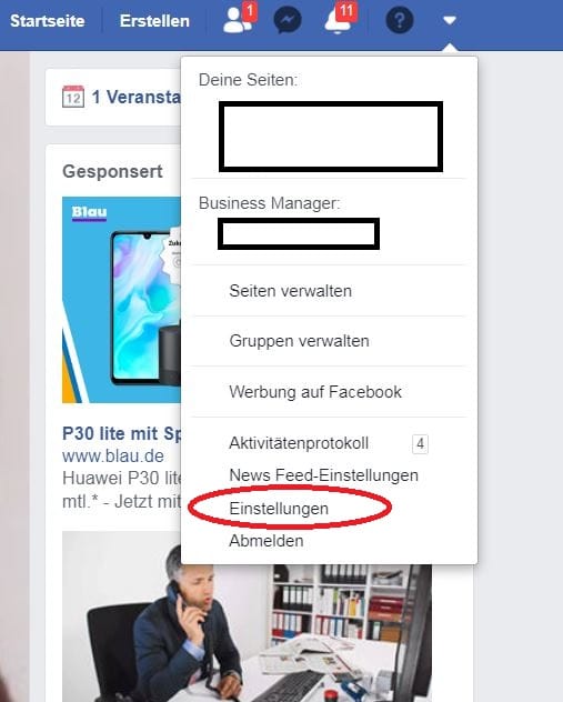 Manche Seiten erlauben das Einloggen per Facebook oder Google. Prüfen Sie darum auch Ihre Accounts auf sozialen Netzwerken. Auf Facebook klicken Sie auf den Pfeil oben rechts und dann auf "Einstellungen".