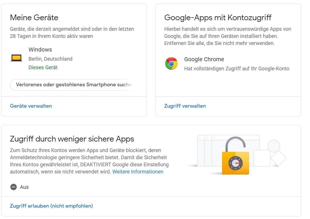 Scrollen Sie runter und wählen Sie "Zugriff verwalten" bei "Google-Apps mit Kontozugriff". Hier können Sie den Datenzugriff von Apps und Websites verwalten