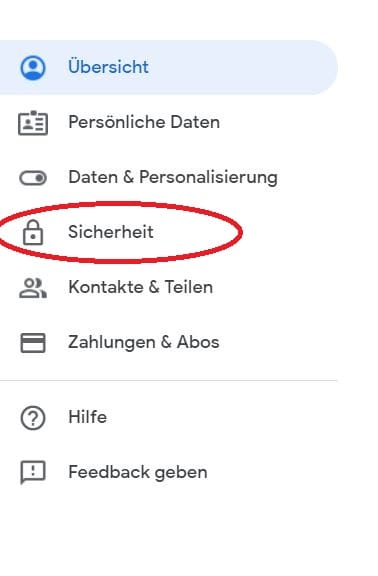 Wählen Sie links "Sicherheit"