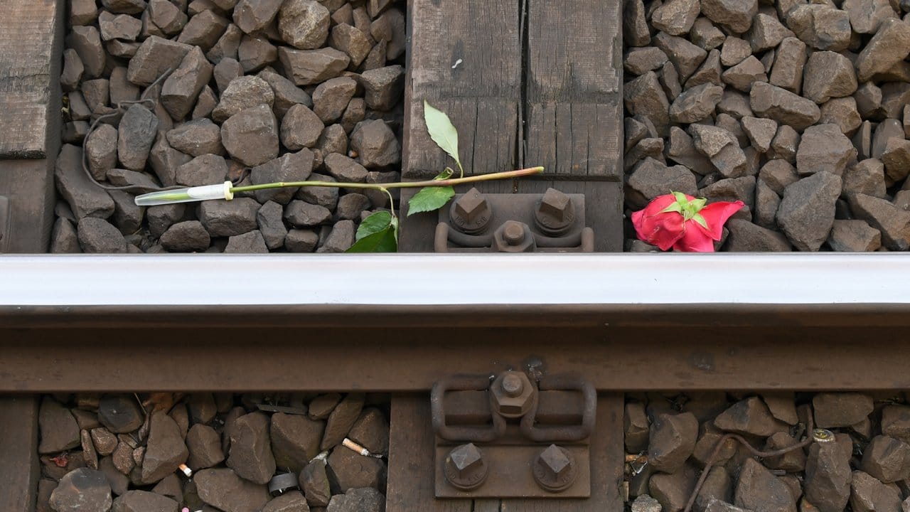 Eine rote Rose im Gleisbett von Gleis 7 des Frankfurter Hauptbahnhofs, wo ein Achtjähriger vor einen einfahrenden ICE gestoßen worden war.