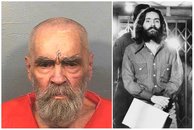 Links ist Manson im August 2017 zu sehen, rechts daneben ein Bild aus dem Jahr 1969: Der rassistische Sektenführer starb vor zwei Jahren im Gefängnis. Reue für die Taten äußerte er bis an sein Lebensende nicht. (Archivbild)