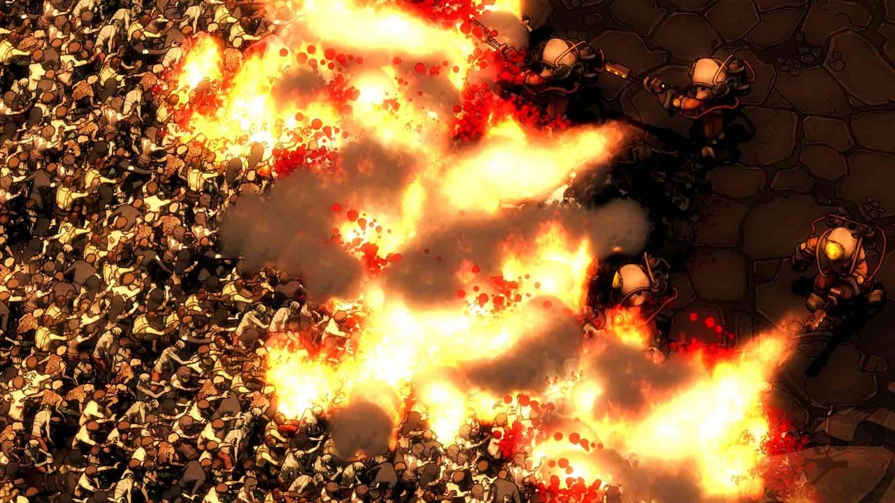 Ein ganz normaler Tag in "They are Billions": Zombiehorden kommen, Flammenwerfer sollen sie abwehren.