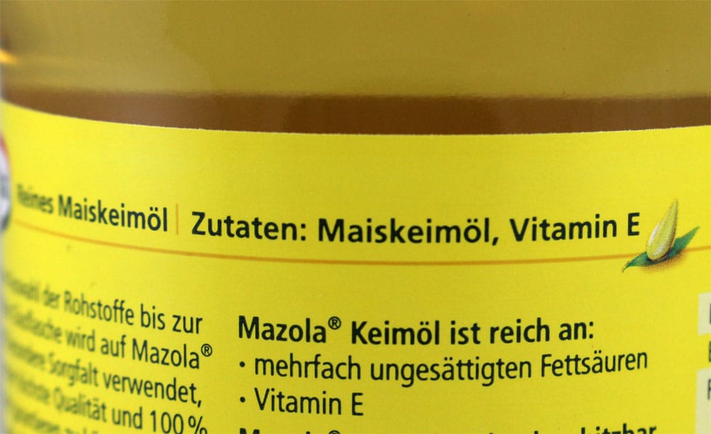 Inhaltsstoffe: Trotz des Hinweises "100 % reines Keimöl" ist dem Produkt aber Vitamin E zugesetzt.