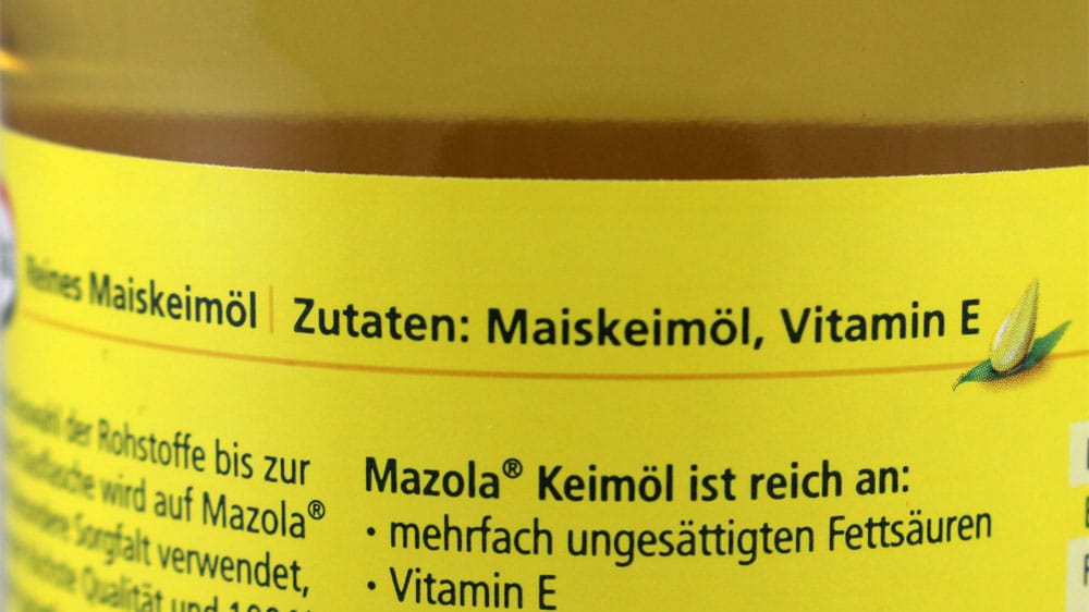 Inhaltsstoffe: Trotz des Hinweises "100 % reines Keimöl" ist dem Produkt aber Vitamin E zugesetzt.