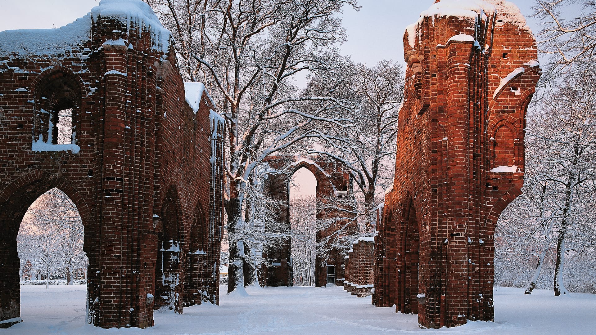 Die romantische Klosterruine Eldena in der Hansestadt Greifswald eingehüllt in Schnee.