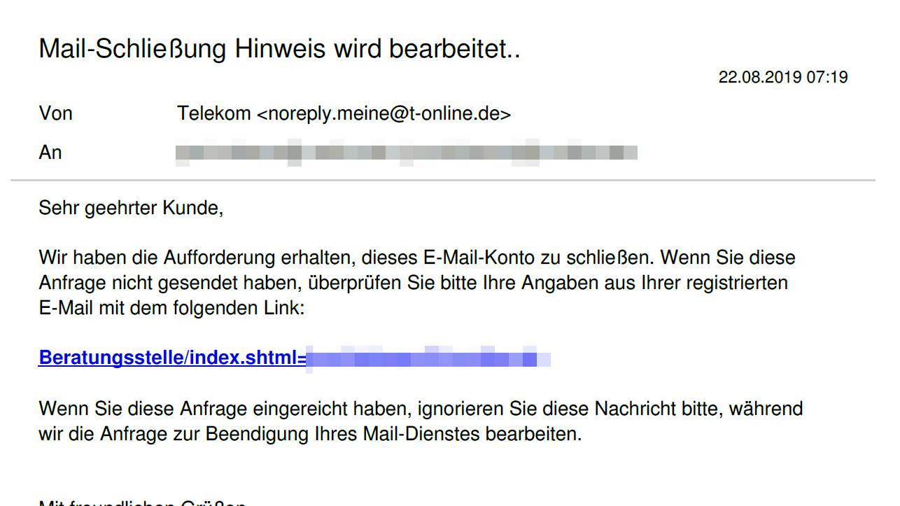 Betrüger verschicken derzeit Mails im Namen der Telekom. In der Nachricht werden Nutzer informiert, dass die Telekom eine Aufforderung erhalten habe, das E-Mail-Konto zu schließen. Wer das verhindern will, soll einem Link in der Mail folgen. Wie "Mimimkama.at" berichtet, handelt es sich aber um einen Phishing-Versuch. Wer dem Link in der Nachricht folgt, dem droht der Verlust der Daten.