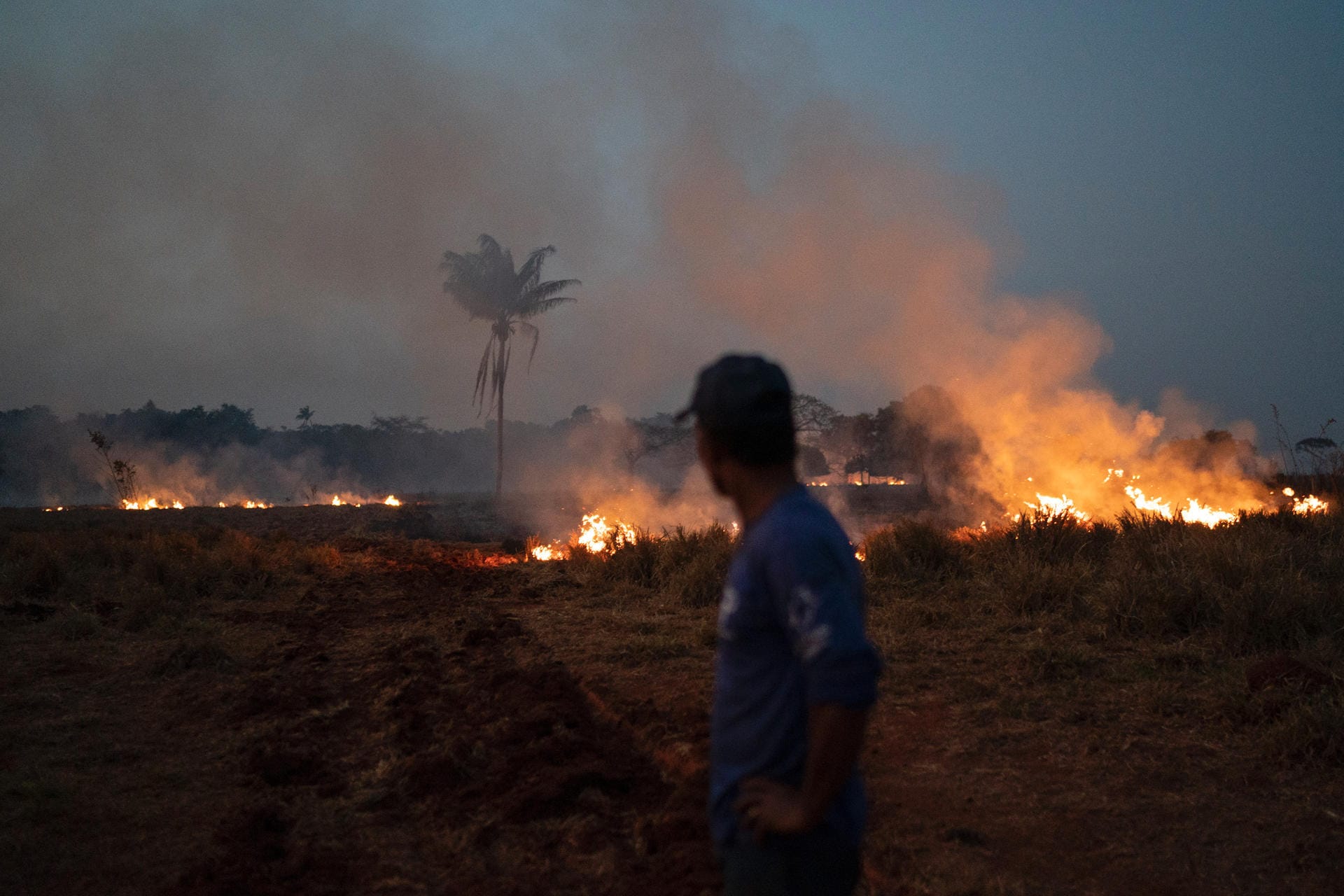 Anwohner beochbachtet das Feuer: Neri dos Santos Silva hat einen Graben gegraben um zu verhindern, dass sich die Flammen auf seinen Bauernhof ausbreiten.