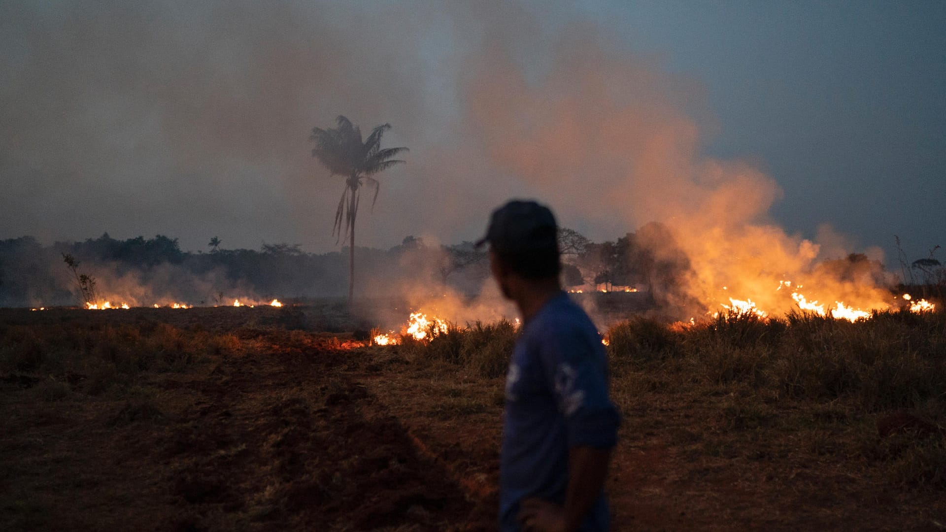 Anwohner beochbachtet das Feuer: Neri dos Santos Silva hat einen Graben gegraben um zu verhindern, dass sich die Flammen auf seinen Bauernhof ausbreiten.