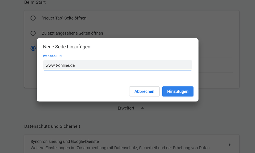 Um zum Beispiel t-online.de zu Ihrer Startseite zu machen, klicken Sie auf den Punkt neben "Bestimmte Seite oder Seiten öffnen". Dann können Sie auf die Option "Neue Seite hinzufügen" gehen, wo Sie nur noch die URL der Webseite eintragen müssen.