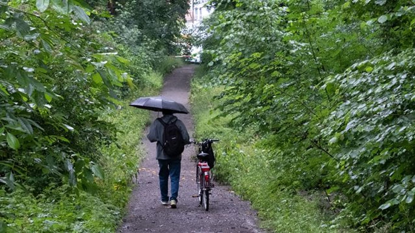 Ein Mann geht bei Regen mit seinem Fahrrad durch einen Wald
