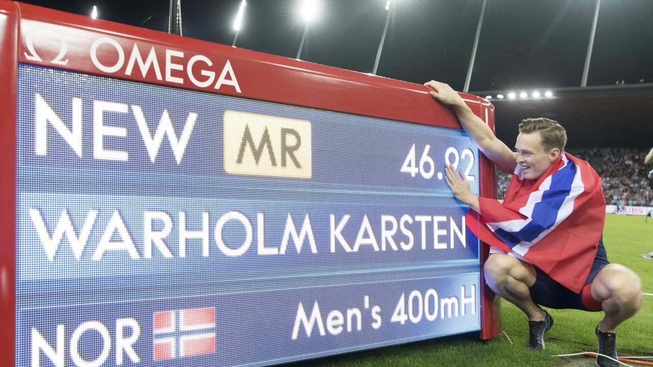 Hürdenläufer Karsten Warholm aus Norwegen jubelt über den Europarekord.