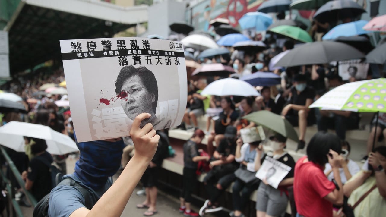 Ein Teilnehmer eines prodemokratischen Demonstrationszuges mit einem Bild der Regierungschefin von Hongkong.