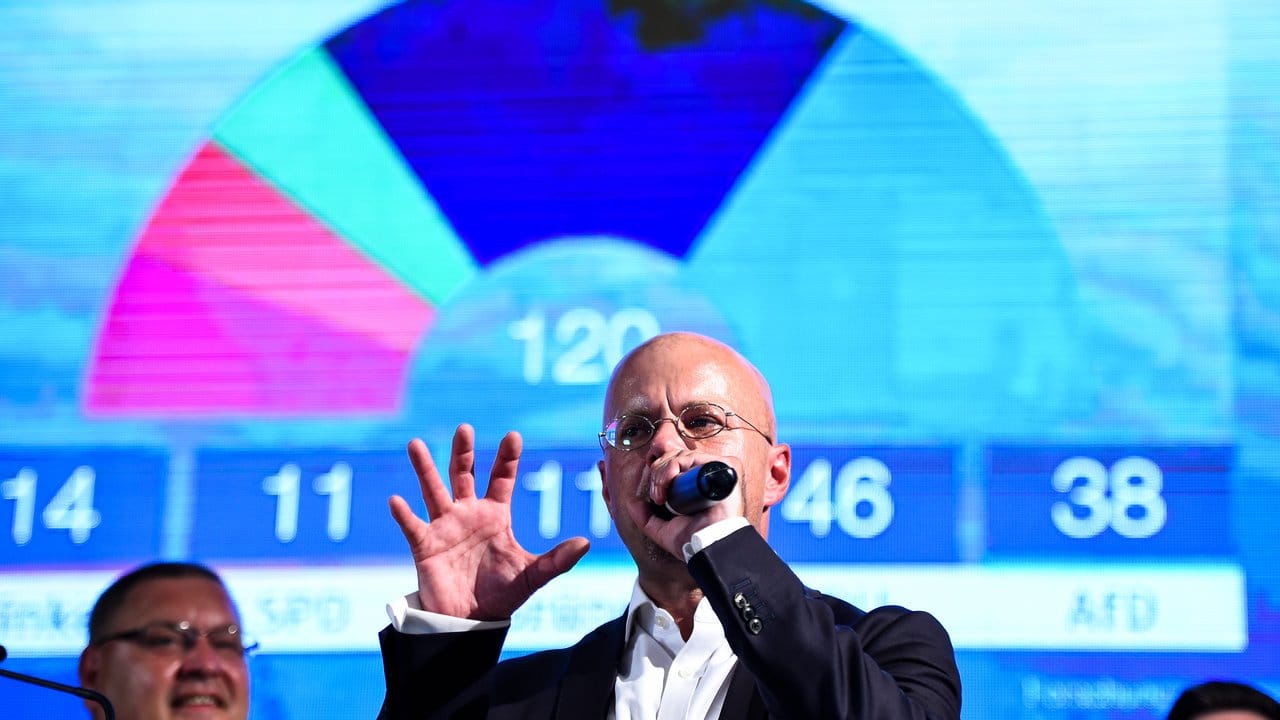 Andreas Kalbitz, Spitzenkandidat der AfD in Brandenburg, spricht auf der AfD-Wahlparty nach der Bekanntgabe erster Ergebnisse. Andreas Kalbitz, Spitzenkandidat der AfD in Brandenburg, spricht auf der AfD-Wahlparty nach der Bekanntgabe erster Ergebnisse.