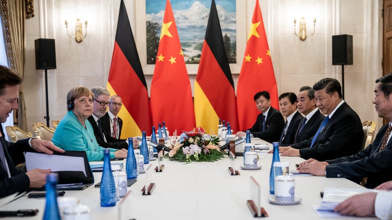Merkel sitzt Xi bei einem Gespräch im erweiterten Kreis gegenüber.