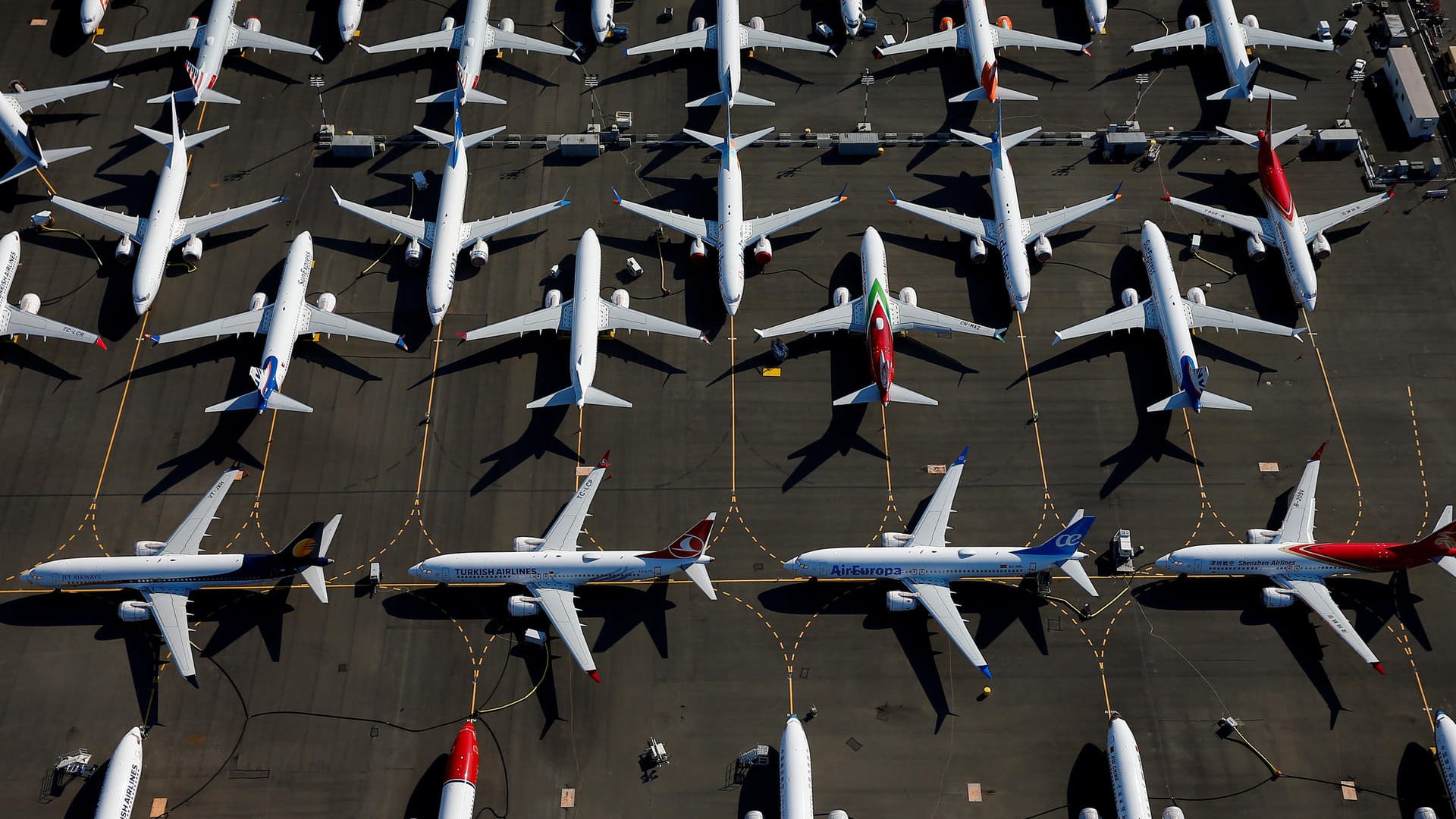 Am Boeing-Werk in Renton nahe der US-Westküstenmetropole Seattle im Bundesstaat Washington steht eine Vielzahl an neu produzierten Boeing 737 MAX.