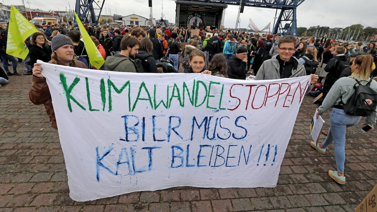 Diese Demonstranten in Rostock haben auch ein Plakat zur Demo mitgebracht.