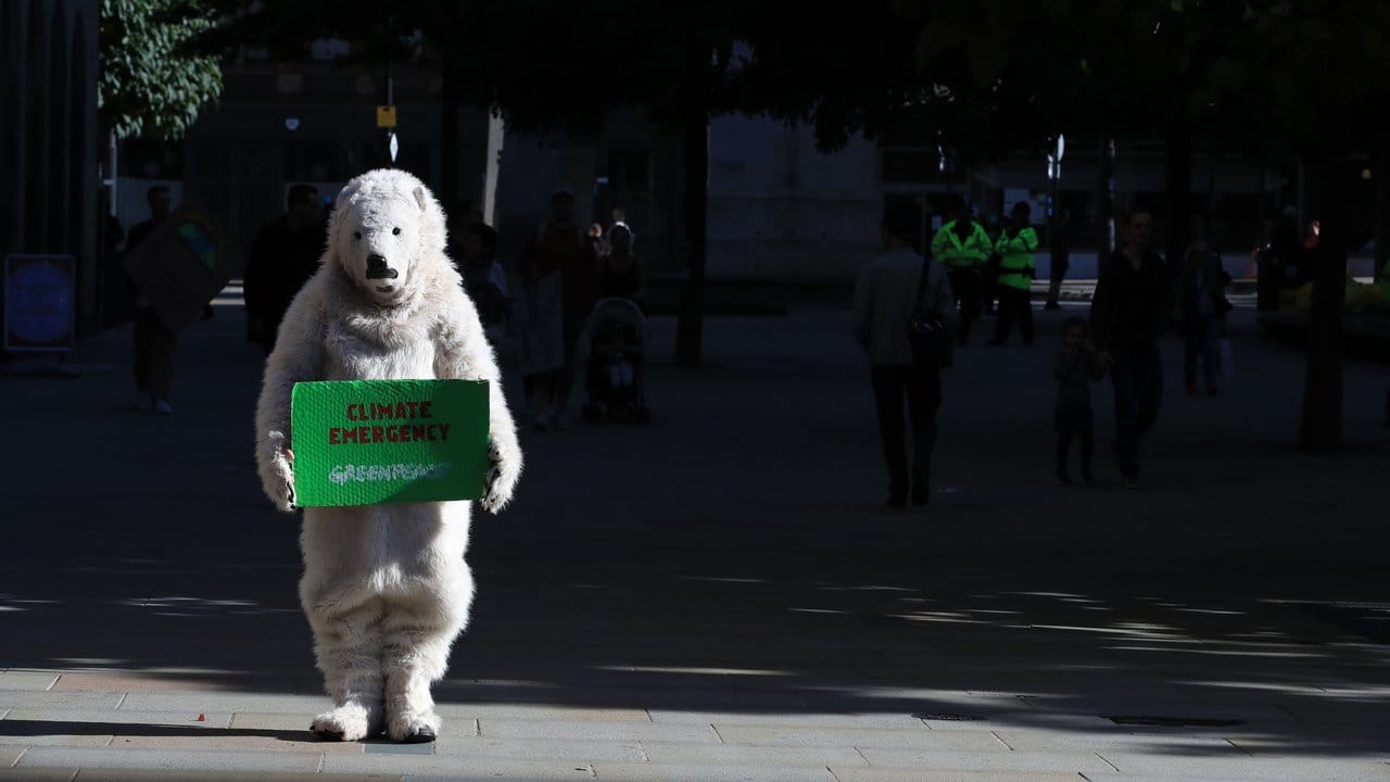 Keine gute Zeit für Eisbären: Ein Demonstrant in Manchester ist im Kostüm gekommen.