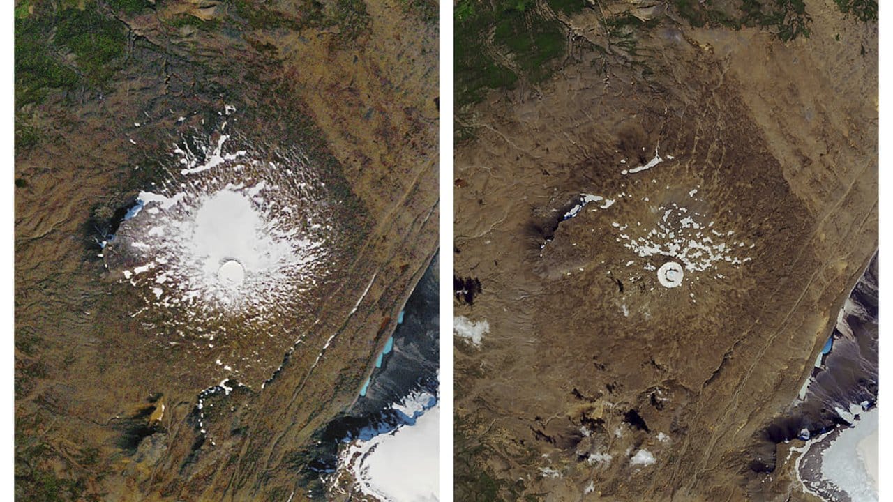 Links: Luftaufnahme des damals noch existierenden Okjökull-Gletschers aus dem Jahr 1986.