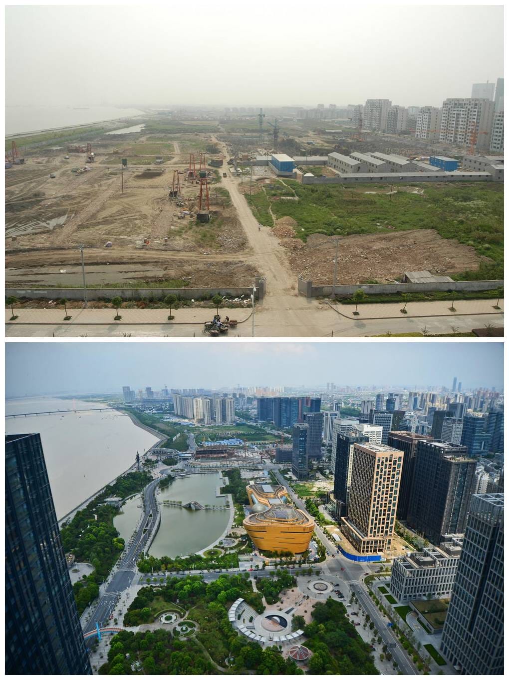 HANGZHOU: Ein Stadtviertel, zwei Zeitrechnungen. Der Bezirk Binjiang war 2002 noch eine Großbaustelle auf der grünen Wiese. Elf Jahre später ist Hangzhou eines der größten Wirtschaftszentren in China.