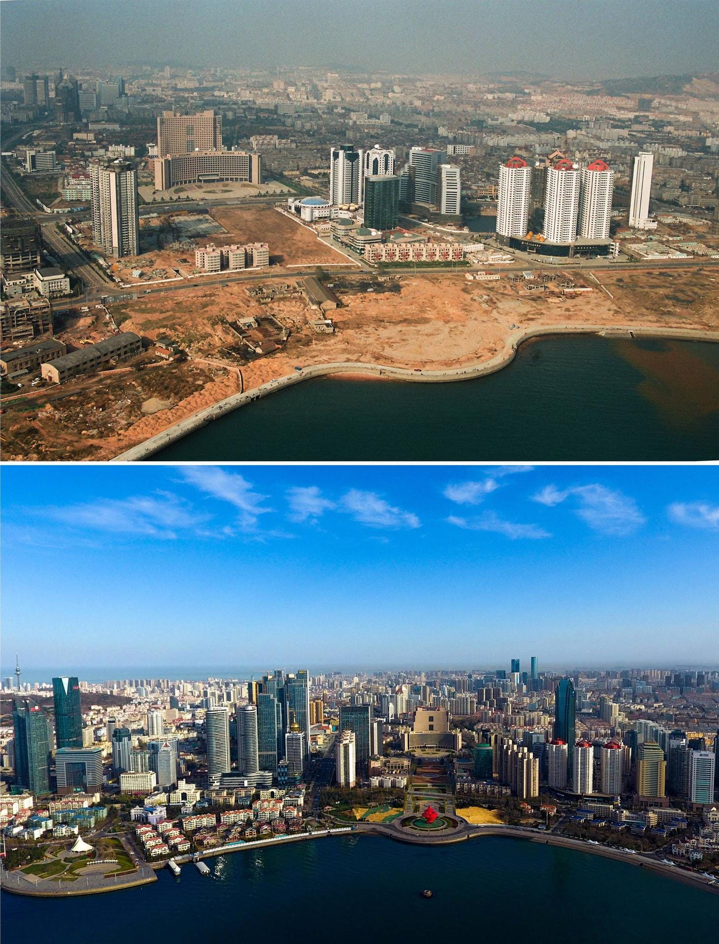 QINGDAO: Der Wusi-Platz im Jahr 1996 und 2018 im Vergleich. Qingdao hat sich binnen weniger Jahre zu einer prosperierenden Hafenstadt mit vier Millionen Einwohnern entwickelt.