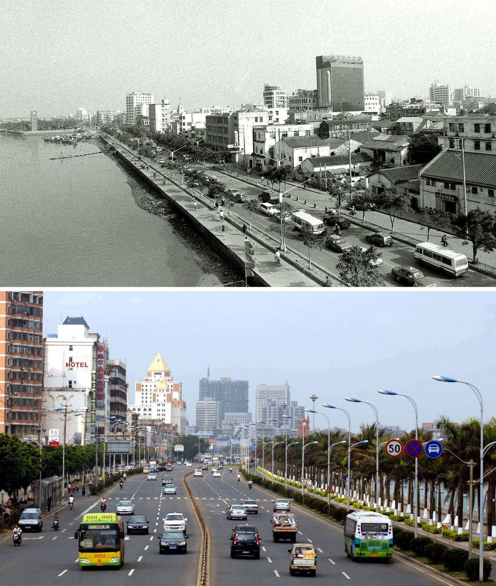 HAIKOU: Die Changdi Avenue 1988 und 20 Jahre später. Die Silhouette der Stadt wird mehr und mehr von Hochhäusern dominiert.