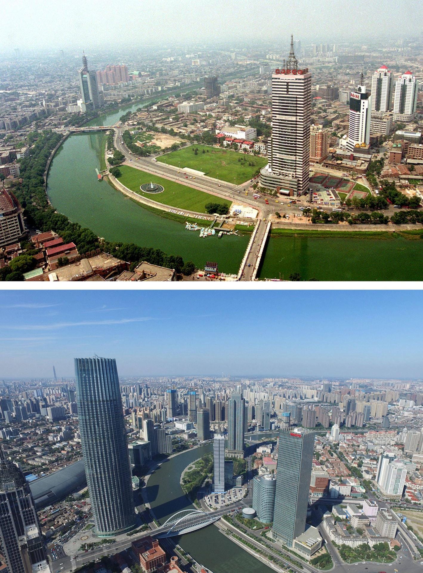 TIANJIN: Das Bild oben zeigt das Zentrum der Stadt am Haihe-Fluss im September 1999. Das Bild unten entstand im September 2016. In Tianjin leben heute über 15 Millionen Menschen.