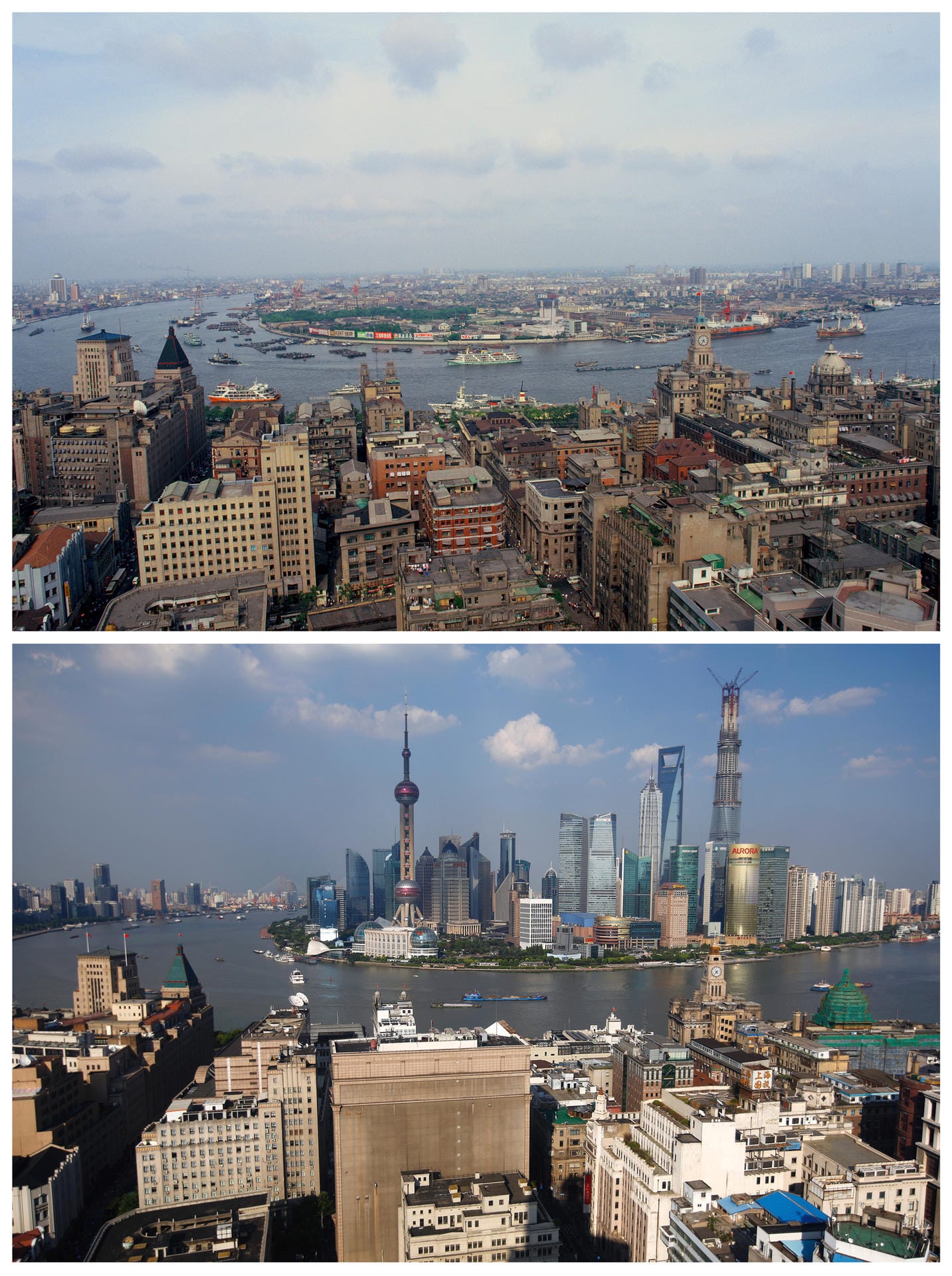 SCHANGHAI: Die obere Aufnahme zeigt die Bebauung entlang des Pudong-Flusses im Jahr 1987. 26 Jahre später ist an gleicher Stelle ein Finanzbezirk mit Wolkenkratzern entstanden.