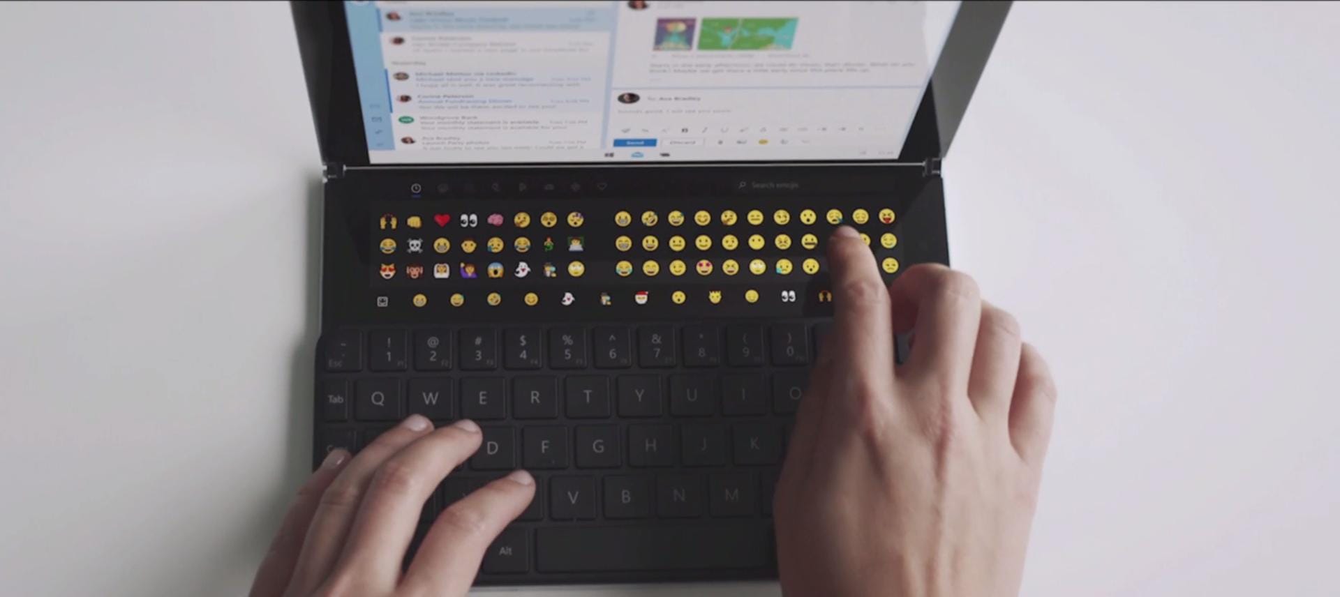 Das Surface Neo wiegt 655 Gramm und besteht aus Gorilla Glas. Die Tastatur ist magnetisch an dem Gerät befestigt und kann bei Bedarf aufgeklappt und genutzt werden.
