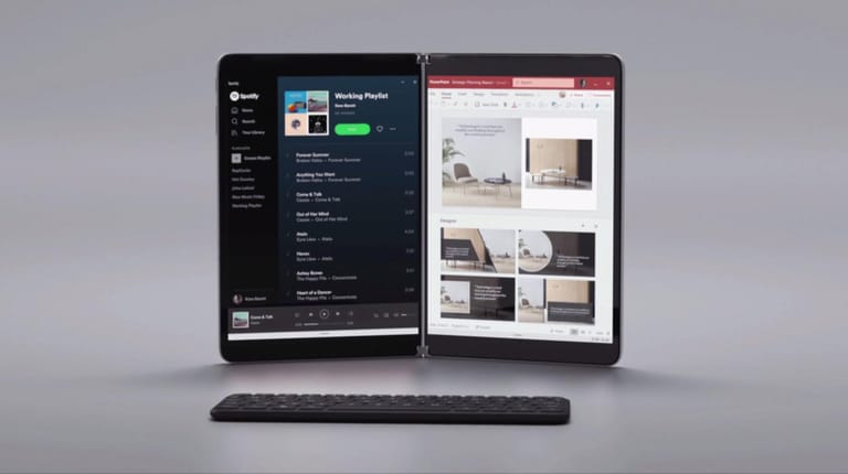 Die zweite Überraschung war das Surface Neo: Wie das Surface Duo besitzt auch das Neo zwei Bildschirme, ist aber deutlich größer. Das Gerät ist dabei 5,6 Millimeter dünn.