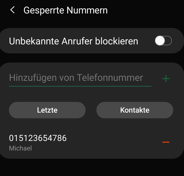 In diesem Menü können Sie Ihre Sperrliste verwalten und manuell Nummern eingeben, die blockiert werden sollen.