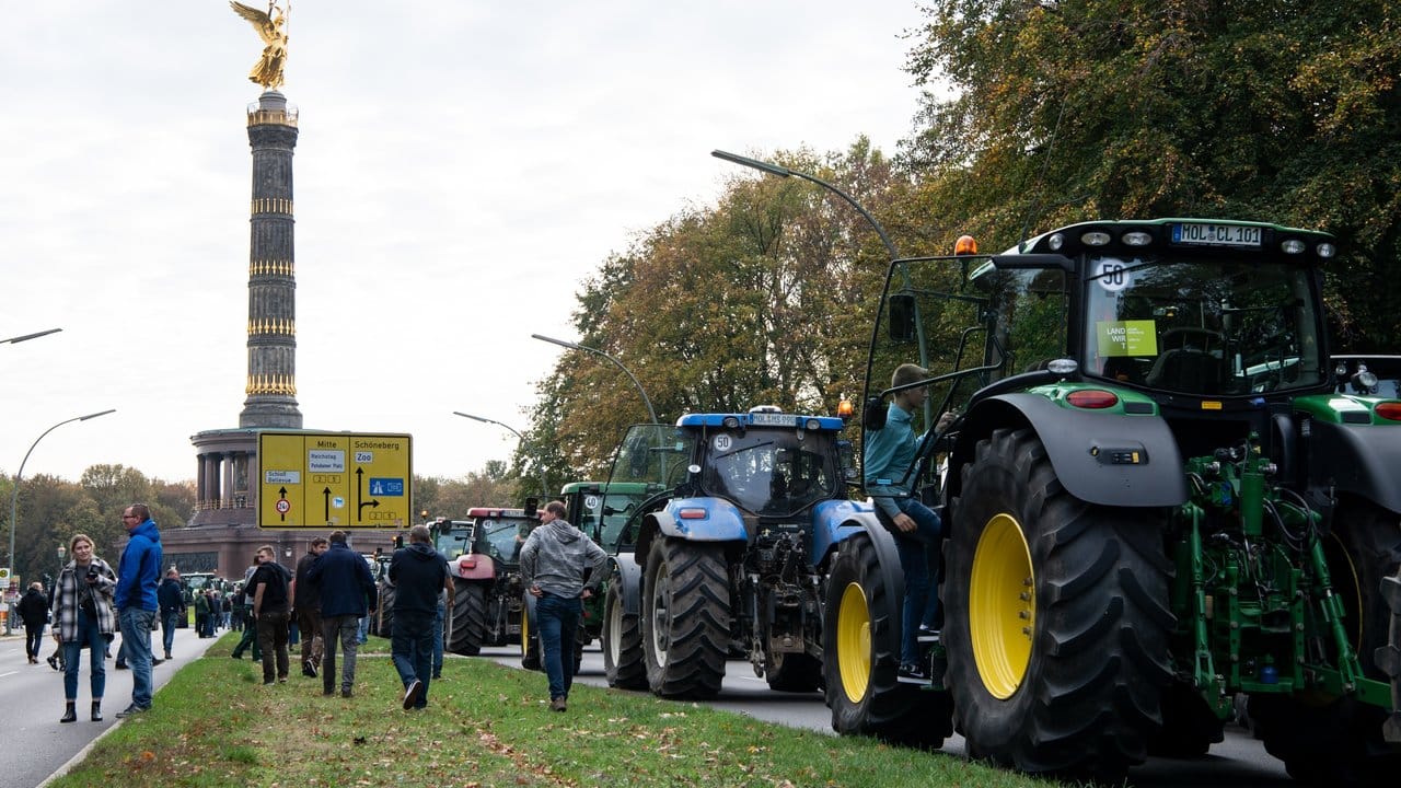 Rund 1000 Bauern kamen mit ihren Traktoren aus verschiedenen Orten Brandenburgs per Sternfahrt nach Berlin-Mitte.