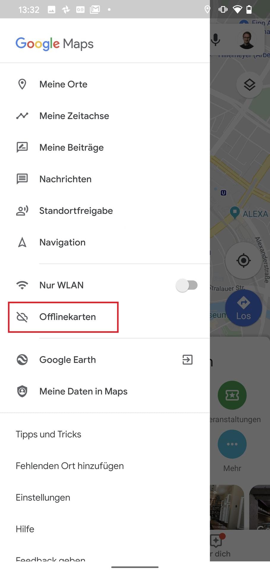 Im Hauptmenü wählen Sie dann den Punkt "Offlinekarten" aus.