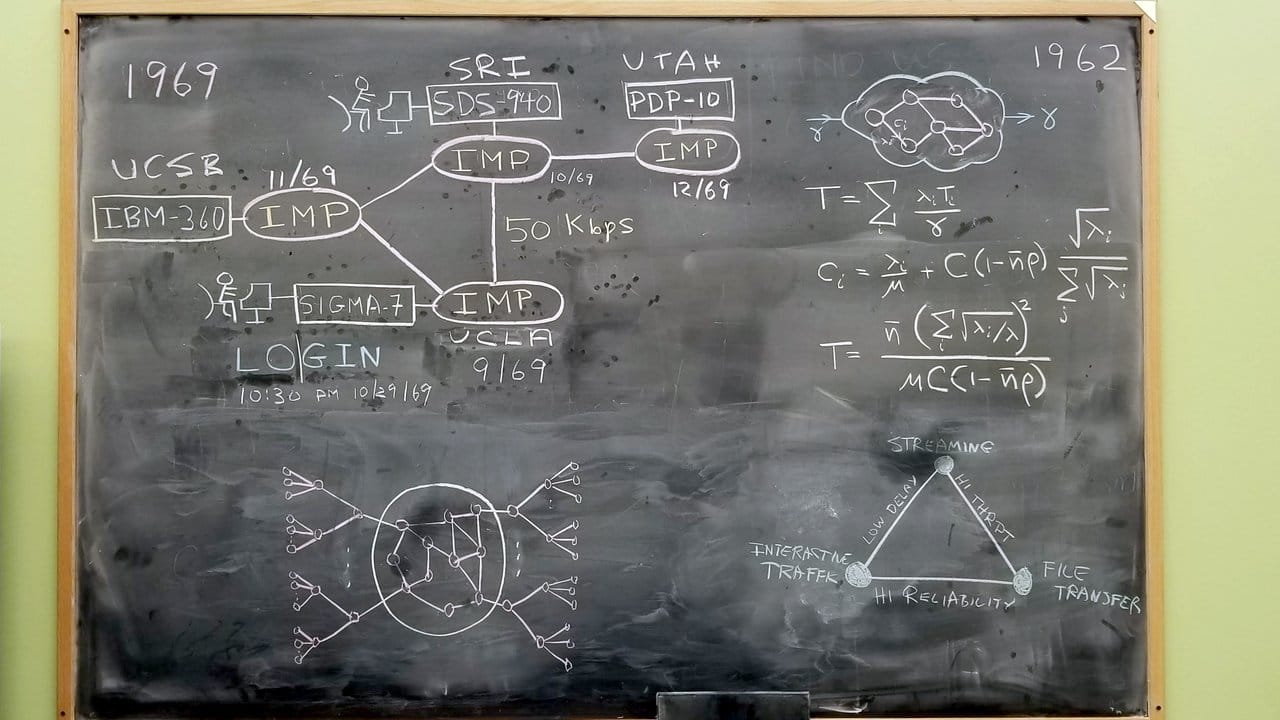 Diese Tafel in der Boelter Hall der kalifornischen Universität UCLA in Los Angeles zeigt Faksimiles einiger der Gleichungen und Schaltpläne, die 1969 zum Arpanet, dem ersten Netz im Internet, führten. Diese Tafel in der Boelter Hall der kalifornischen Universität UCLA in Los Angeles zeigt Faksimiles einiger der Gleichungen und Schaltpläne, die 1969 zum Arpanet, dem ersten Netz im Internet, führten.