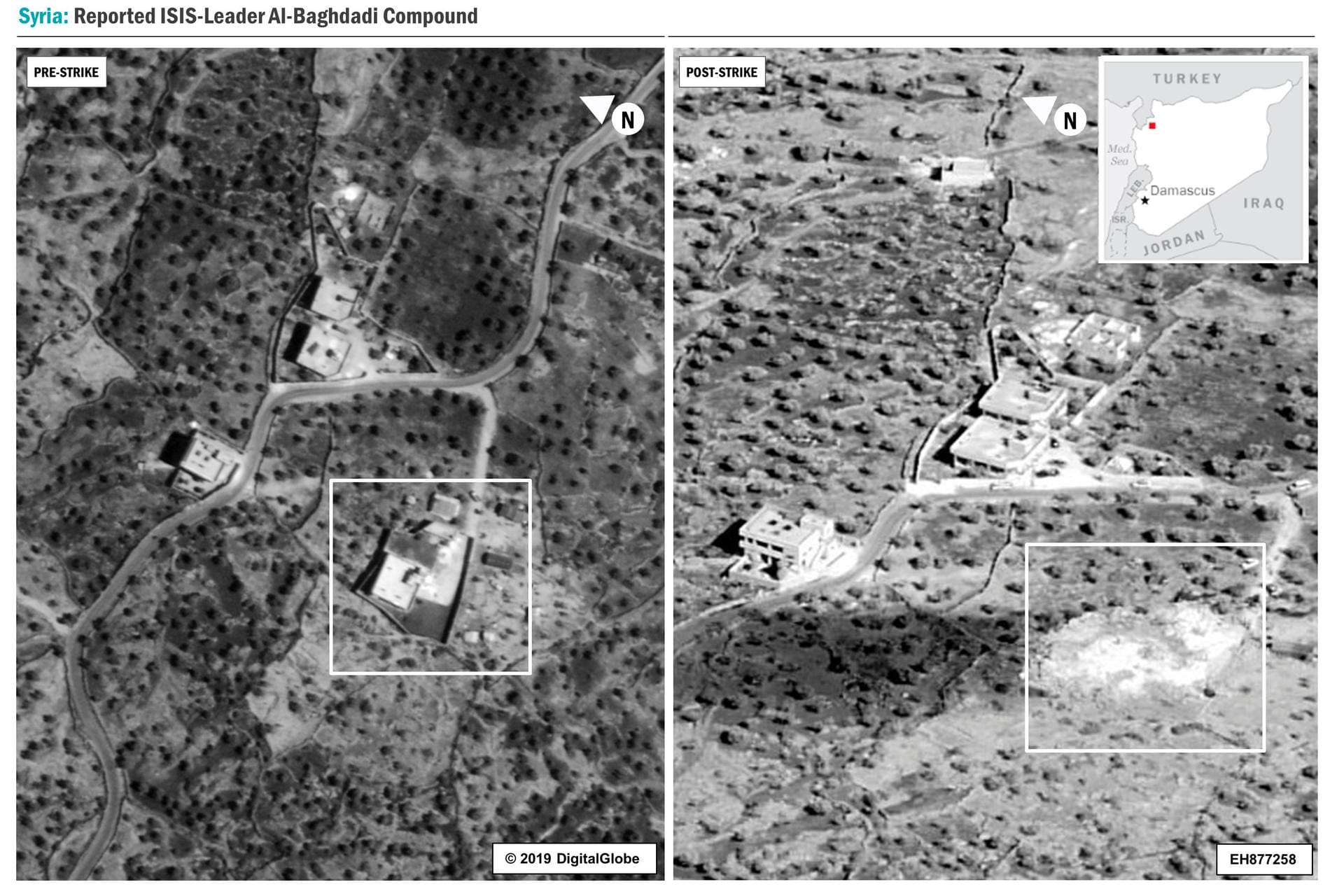 Luftaufnahme aus Syrien: Zwei Bilder zeigen den Aufenthaltsort von al-Bagdadi vor und nach dem Militäreinsatz.