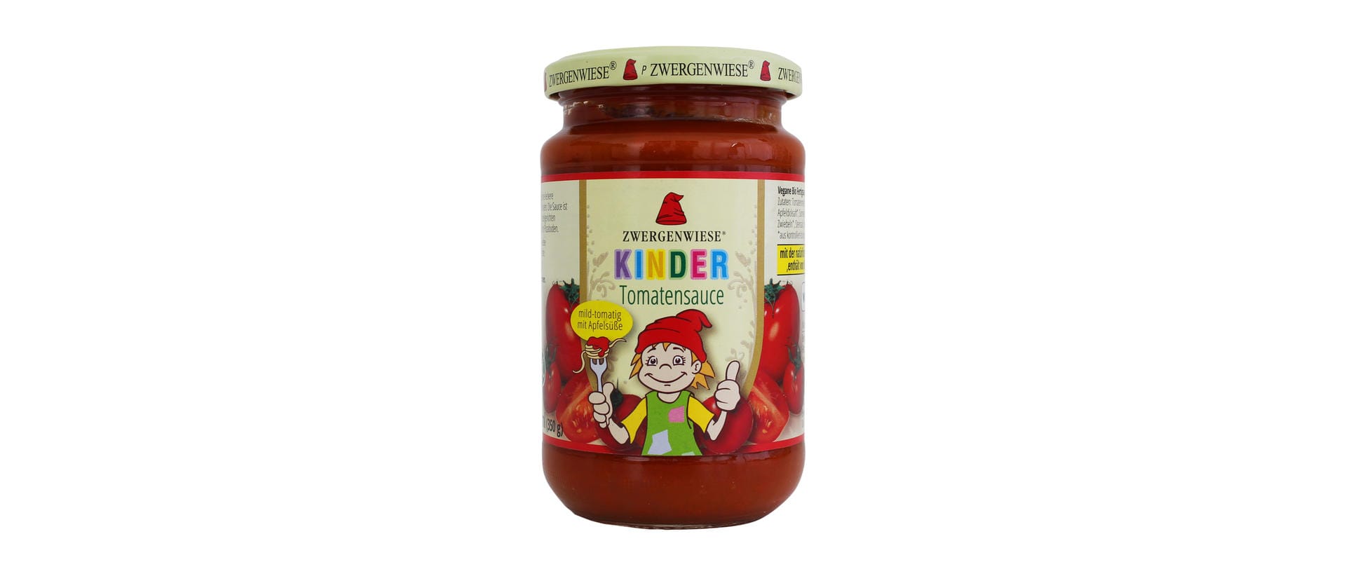 Der Name sowie die Verpackung suggeriert Verbrauchern, dass das Produkt für Kinder geeignet sei. Die Tomatensoße von Zwergenwiese für Kinder enthält laut Foodwatch allerdings doppelt so viel Zucker wie die Tomatensoße für Erwachsene.