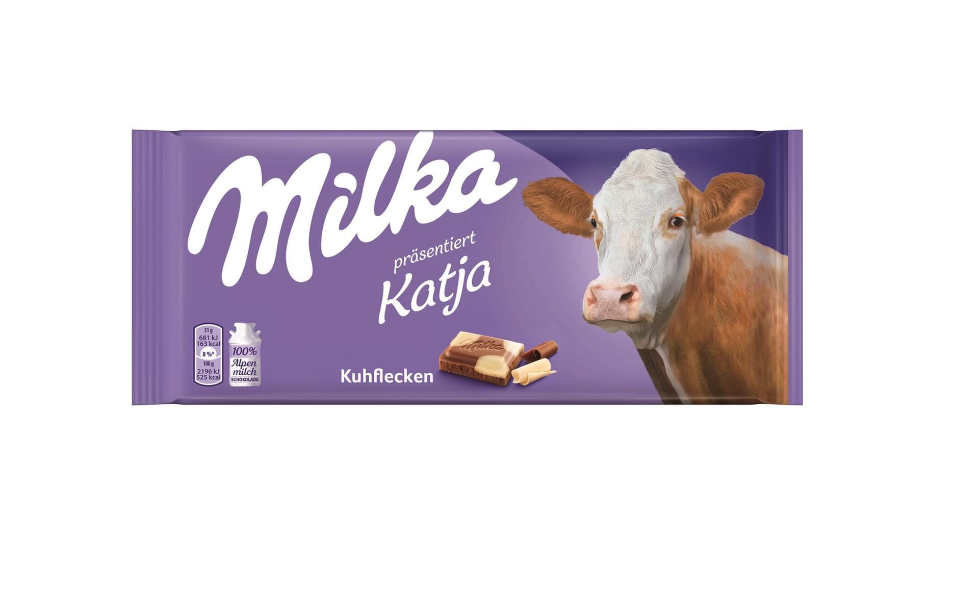 Neue Verpackung Milka Kuhflecken: Die abgebildeten Kühe heißen Katja, Gerda, Lola, Moocha und Marisa.