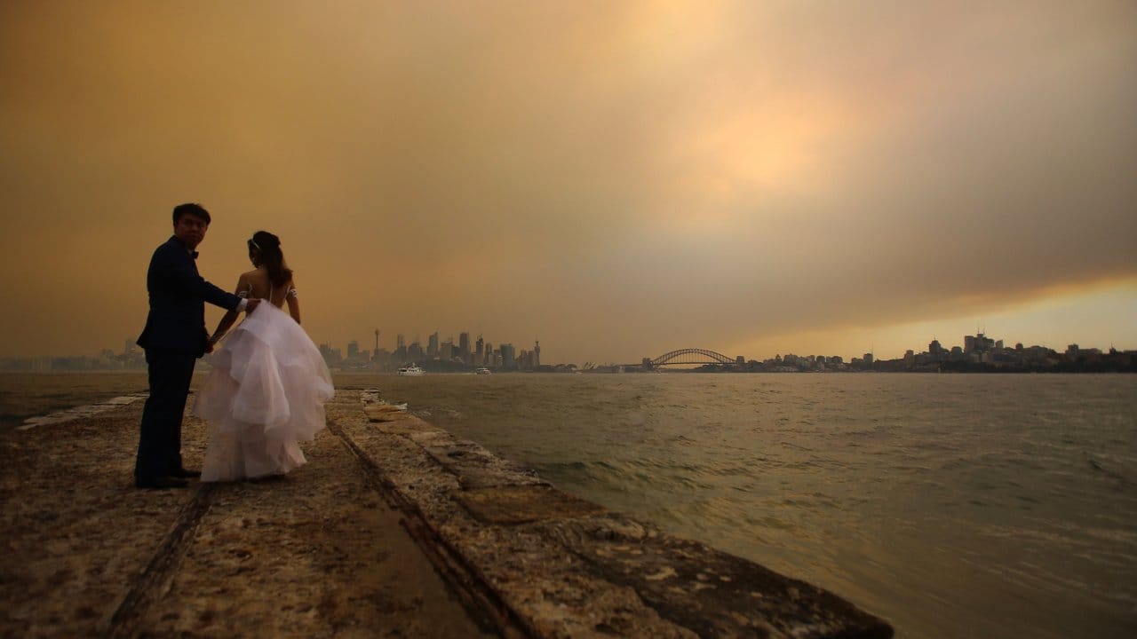 Traumkulisse zum "schönsten Tag im Leben"? Keine Chance! Ein Brautpaar lässt sich vor der von Rauchschwaden verhangenen Skyline von Sydney fotografieren.