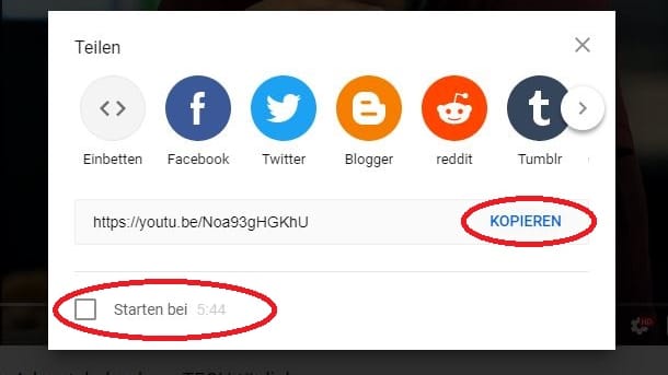 1. Um Videos ab einem bestimmten Zeitpunkt starten zu lassen, Klicken Sie beim gewünschten Video rechts unten auf "Teilen".