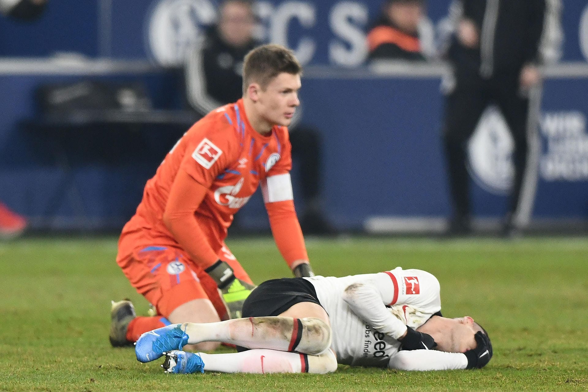 Schalkes Torwart Alexander Nübel (l.) räumte beim Spiel gegen Eintracht Frankfurt Mijat Gaćinović ab. Der junge Keeper musste daraufhin das Feld verlassen. Am Ende gewannen die "Königsblauen" trotzdem mit 1:0. Doch was genau war passiert?