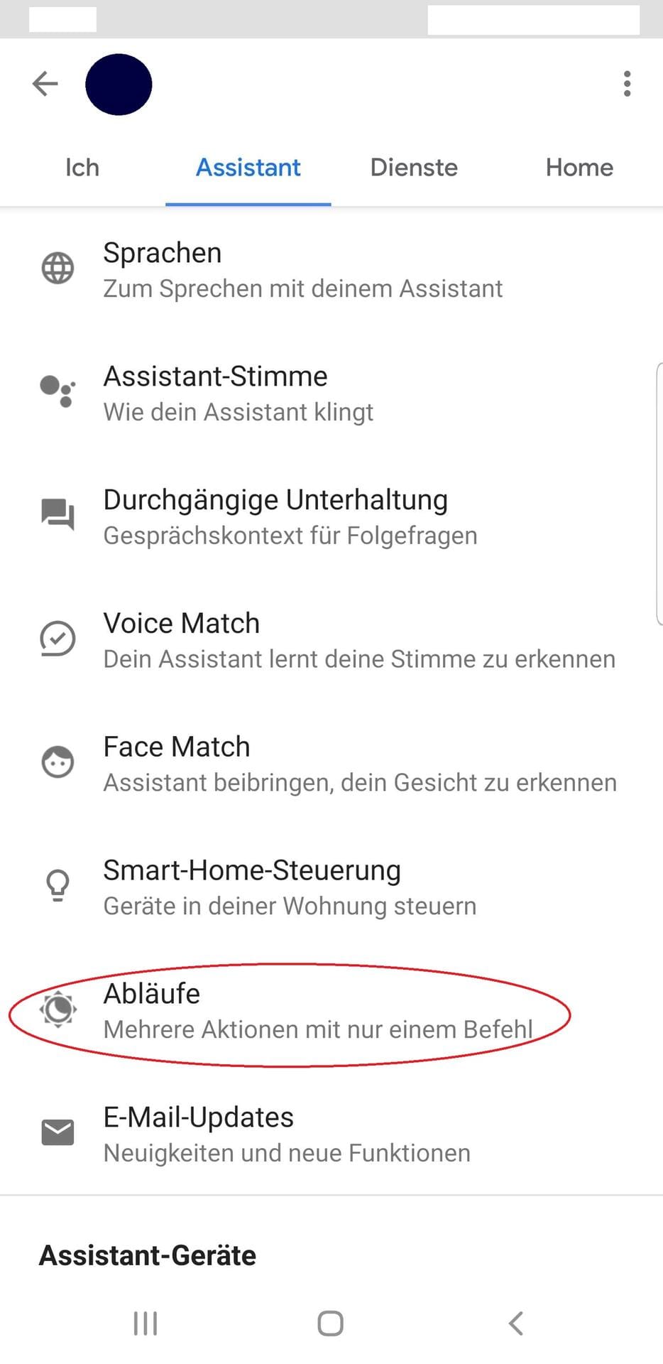 Hier können Sie verschiedene Einstellungen zum Google Assistant vornehmen. Um eine Routine einzustellen klicken Sie auf "Abläufe".