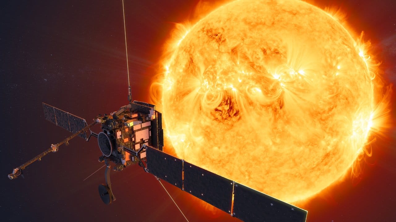 Die Computerzeichnung zeigt den Solar Orbiter vor der Sonne.