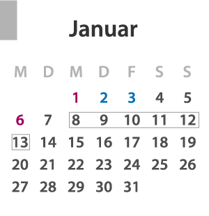 Brückentage Januar 2020: Die Feiertage sind lila und die Urlaubstage blau markiert, der Urlaubszeitraum ist grau umrandet.