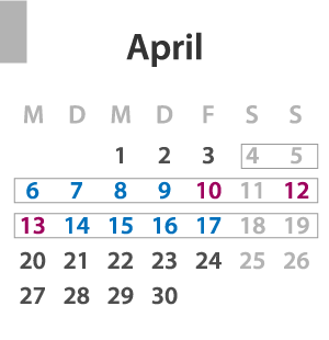 Brückentage April 2020: Die Feiertage sind lila und die Urlaubstage blau markiert, der Urlaubszeitraum ist grau umrandet.