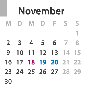 Brückentage November 2020: Die Feiertage sind lila und die Urlaubstage blau markiert, der Urlaubszeitraum ist grau umrandet.