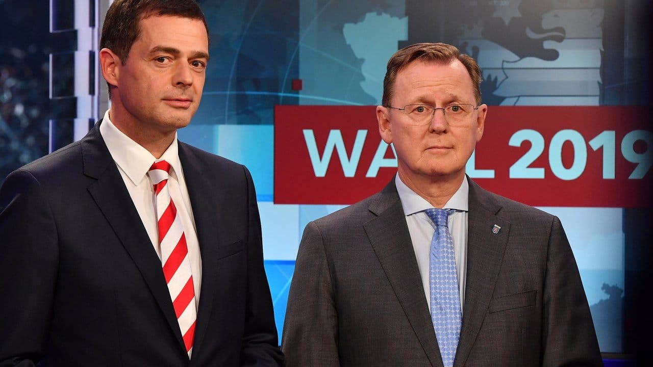 Der thüringische CDU-Landesvorsitzende Mike Mohring und Linken-Ministerpräsident Bodo Ramelow nach der Wahl am 27.