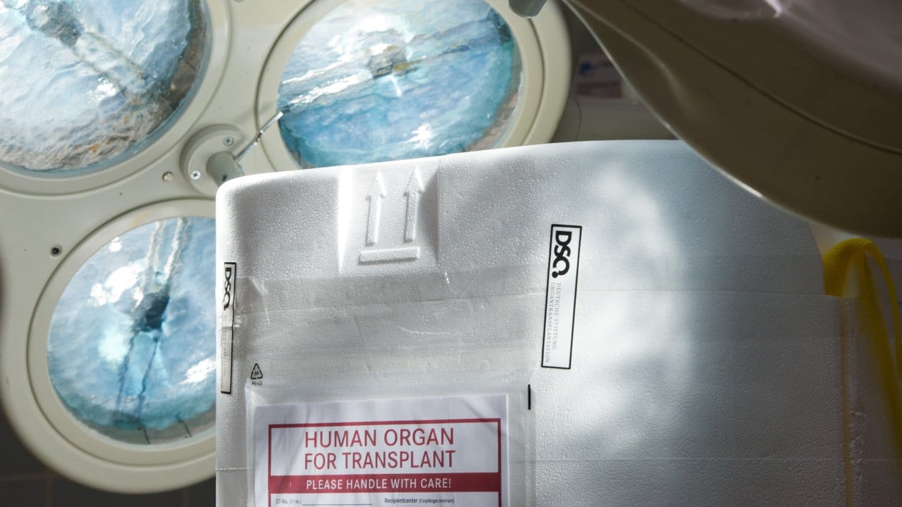 Ein Behälter zum Transport von zur Transplantation vorgesehenen Organen steht im Operationssaal eines Krankenhauses.
